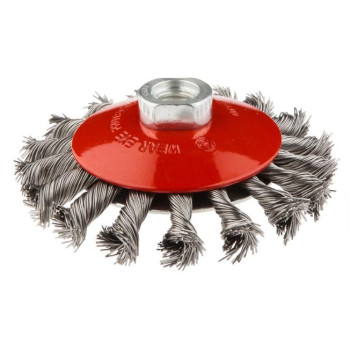 Perie conica, rosu, 100mm x M14 sarma inox impletita 0.50mm